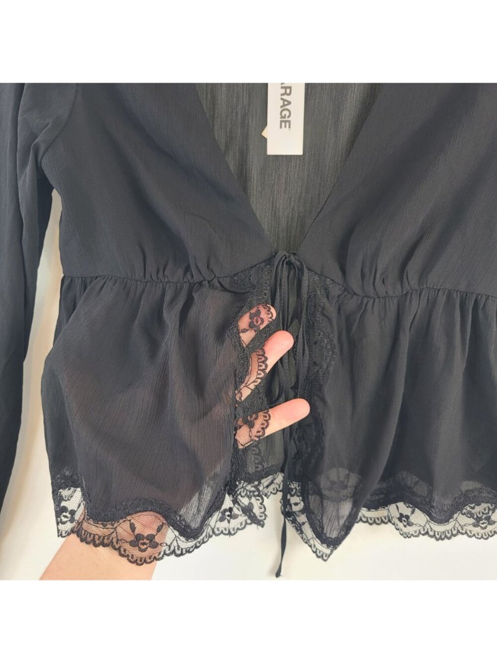 NEW Garage Georgette Lace Trim Flyaway Long Sleeve Top In Jet Black Size P/S - Picture 3 of 6